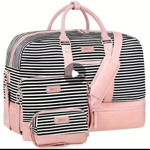 WEEKENDER STRIPED CANVAS TRAVEL TOTE BAG SET with SHOE COMPARTMENT NWT